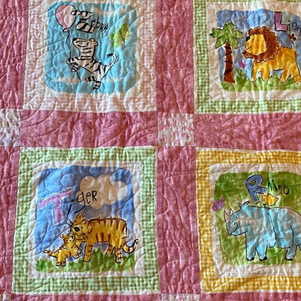 Vintage Handmade Baby Quilt Blanket Animal & Letter Squares Multipurpose 31x39